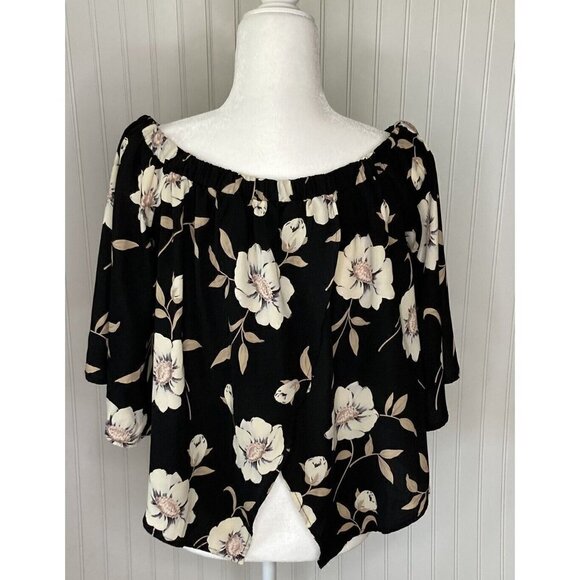 Lulus Womens Light Of Dawn Black Floral On Off Shoulder Split Back Cropped Top-L - Picture 3 of 15